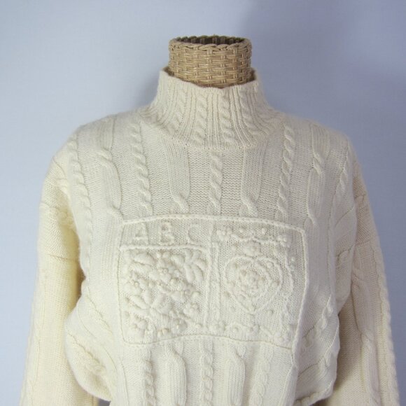 Vtg Orvis Women M Ivory LS Mock Neck Cable Knit 100% Wool Crop Pullover Sweater - Picture 6 of 15